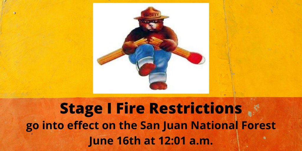 SanJuanNF's tweet photo. Stage I fire restrictions go into effect on the #SanJuanNF at 12:01am on June 16. SW Colorado is in extreme drought with continued hot, dry weather in the forecast, creating a critical fire environment. 
Stage I order https://t.co/TkPQ7b1mTE
News release: https://t.co/ELekO901SF https://t.co/vXhueRFzsw