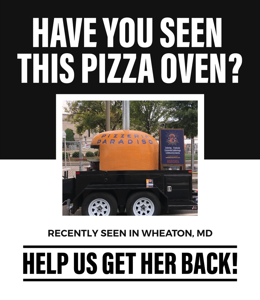 Our pizza oven was stolen from our Hyattsville location during the pandemic- Help us get her back! 

If you see her, please contact the police with a truck description or license plate number. We're offering a free pizza party for information leading to the return of the oven!