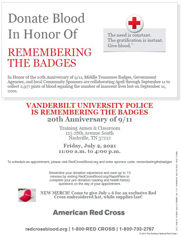 VUSafety's tweet photo. On Friday, 07.02.2021, from 11am – 4pm, American Red Cross will be setup inside VUPS Training Annex, located at 115 28th Ave. South. Free parking will be available for those donating blood. https://t.co/A7N0SMM2IC