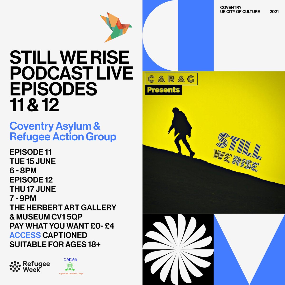 we have sold out on episode 11 for @caragcoventry still we rise podcast!! If you missed out on a ticket book for Thursdays episode with @zarahsultana as guest. #RefugeeWeek2021 coventry2021.co.uk/what-s-on/stil… #Coventrywelcomes2021 #CoventryMoves #RefugeeWeek2021