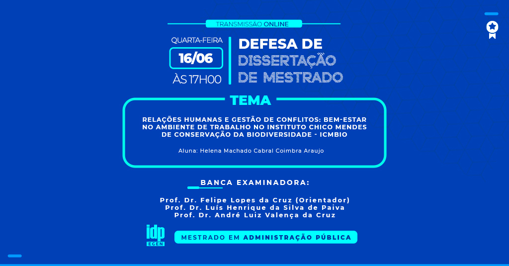 Amanhã teremos a defesa da dissertação de mestrado da aluna Helena Araújo 👏

O evento é público e será transmitido online. Para participar, inscreva-se:
bit.ly/3ppuEV3

#sejaIDP #EGEN