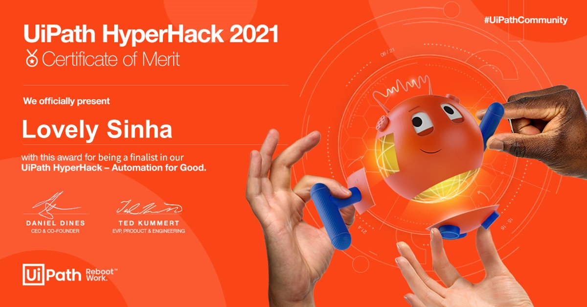 sinh_lovy's tweet photo. Being named as a finalist for the UiPath Hyperhack 2021 is an unbelievable feeling. Great experience, learned a lot and now gearing up for next.
@UiPath, #UiPathHackathon is best ✌ Amazing platform to learn , explore and make impact #AutomationforGood .
#UiPathDevCon https://t.co/cA5HFhpwh7