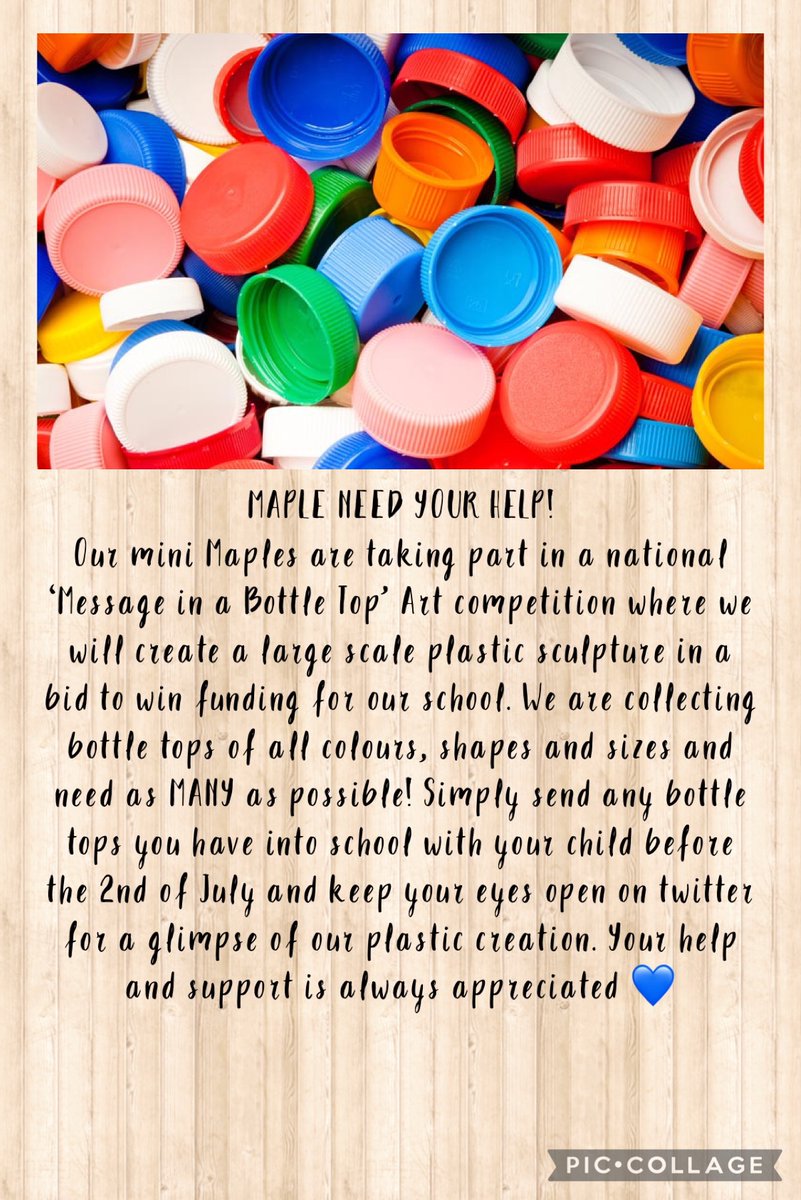 St_Leonards_RC's tweet photo. Maple are collecting bottle tops for a National Art Competition sculpture we are creating- Can you help? #stleonardsmaple #stleonardsart #stleonardsplasticpollution #stleonardsenviromentalgeography #messageinabottletop https://t.co/1n5bqAPYu9