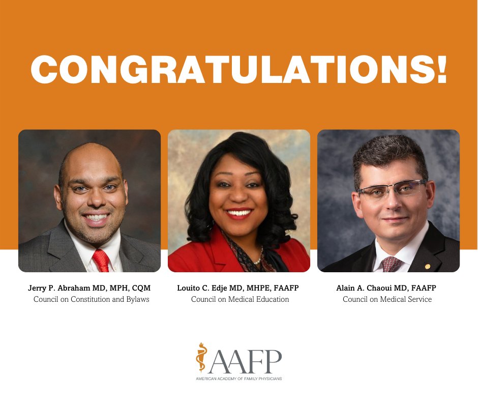 aafp's tweet photo. It was a great election day in the @AmerMedicalAssn House of Delegates for the AAFP and for family medicine representation! Join us in congratulating @jabraham @MdFaafp and @ledje. https://t.co/El4vbzQ56g