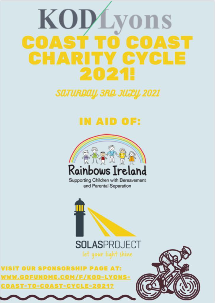 KODLyons's tweet image. ANNOUNCEMENT 
Our KOD Lyons charity cycle this year takes place on Saturday 3rd July. 
Dublin- Galway to raise funds and raise awareness for the great work done by @RainbowsIreland and @SolasProject our charity partners this year.