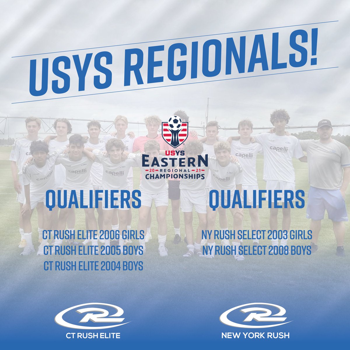 Congratulations to all our teams advancing to USYS Eastern Regional Championships!!

Well done everyone and good luck in Hammonton NJ!!

#NortheastRush #NewYorkRush #nyrushselect #NYSW #USYS #RoadtoNationals