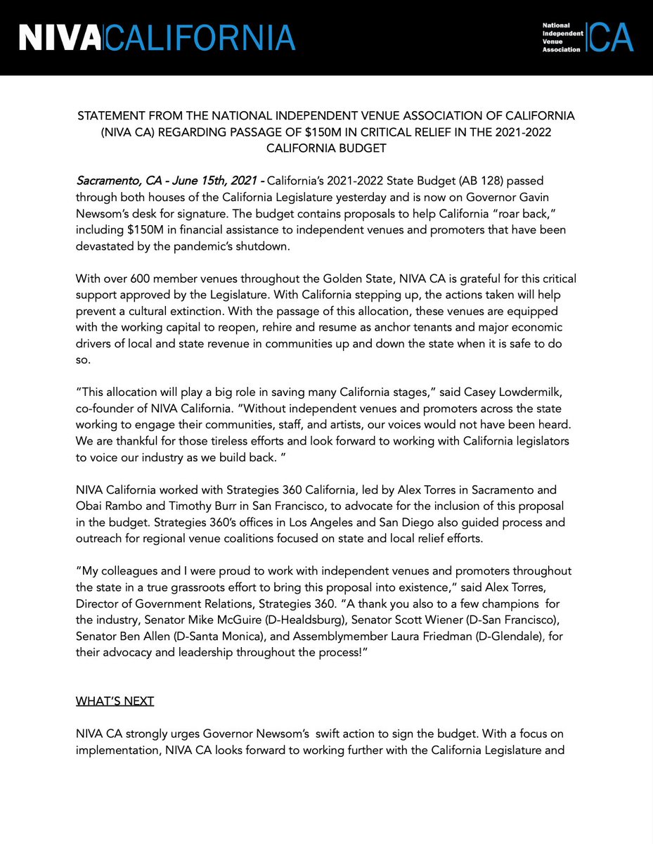 nivacalifornia's tweet photo. Grateful to #CAleg leaders for including $150M for indie venues &amp; promoters in their #CAbudget to #SaveOurCAStages!! We urge @GavinNewsom to sign this budget soon! Our advocacy will continue for an equitable, expedient, and clear application process! https://t.co/KyYdIk187x