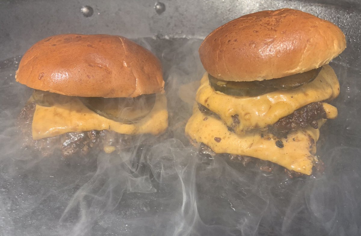 Smash burgers on a smoking hot griddle; my happy place! #foodie #burger #smashburger