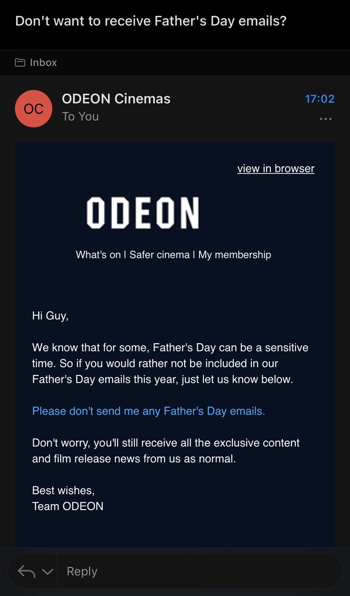 Having just received a “You know it’s almost Father’s Day, Right?” Email from <a href="/Argos_Online/">Argos</a> got me thinking about everyone else who’s lost their Dad or different. And then I see this from <a href="/ODEONCinemas/">ODEON</a> this was perfect, always got my back Odeon. Other firms should take note.