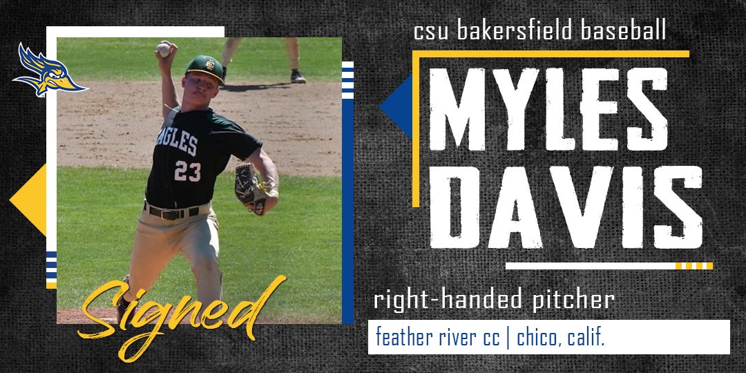 CSUB_Baseball's tweet photo. Feather River CC RHP Myles Davis signs an NLI w/ @CSUB_Baseball. Davis fanned 92 in 76.2 IP over two seasons at FRCC w/ a 2.82 earned run average... 

#MakeYourMark | #HomeIsAtHardt https://t.co/TXu8GpEnj7