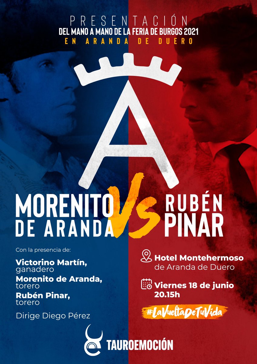 🔊🎙 Este viernes, a las 20:15h, en el Hotel Montehermoso de Aranda de Duero (Burgos), presentación del mano a mano de la feria de Burgos 2021.

➕👉🏻 Con la participación del ganadero <a href="/victorinotoros/">Victorino Martin</a> y los toreros @Prensamorenito y <a href="/RubenPinarR/">Rubén Pinar</a> 

🎟 ¡Entrada libre!