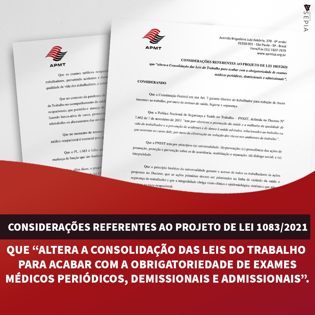 apmt_sp's tweet photo. CONSIDERAÇÕES REFERENTES AO PROJETO DE LEI 1083/2021:

O Projeto de Lei 1083/2021 “altera a Consolidação das Leis do Trabalho para acabar com a obrigatoriedade de exames médicos periódicos, demissionais e admissionais”

Leia em: https://t.co/0pBDRgB8CM https://t.co/V2EvOBALGs