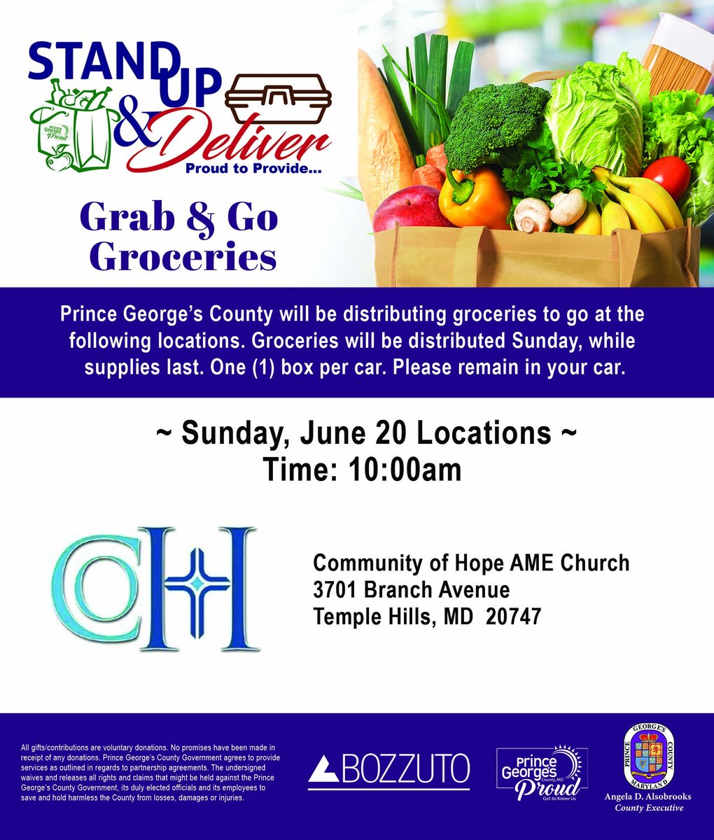 Through our Stand Up &amp; Deliver program, Prince George’s County will be distributing groceries to go this Sunday, June 20 at 10:00 AM. #PGCCOVID19 #ProudtoProvide