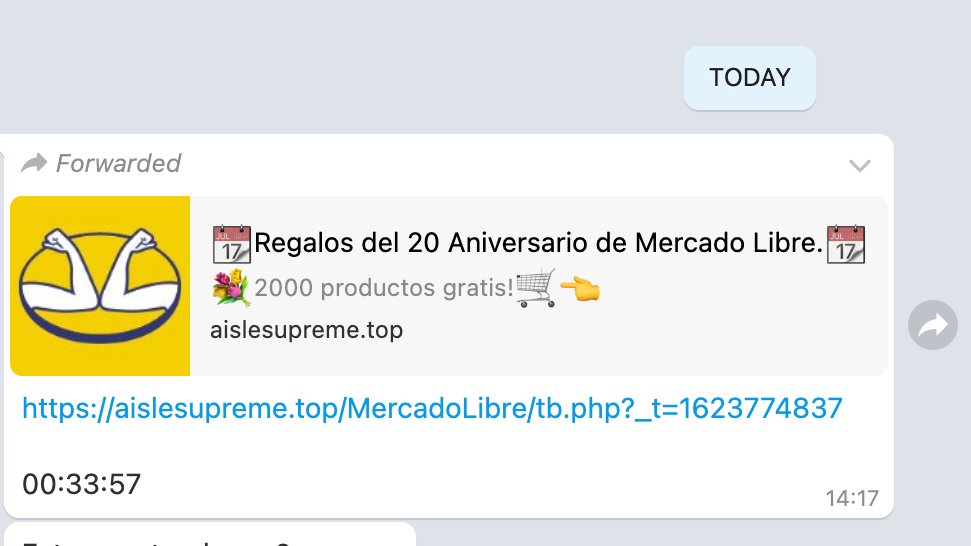 chcibelli's tweet photo. Esta circulando por WhatsApp un supuesto sorteo por el aniversario de Mercado Libre. Es falso y una estafa para robar información personal + acceso a la cuenta.

No reenviar, no hacer click. Clave ademas reportar el contacto desde whatsapp. https://t.co/pjGPhrKARA
