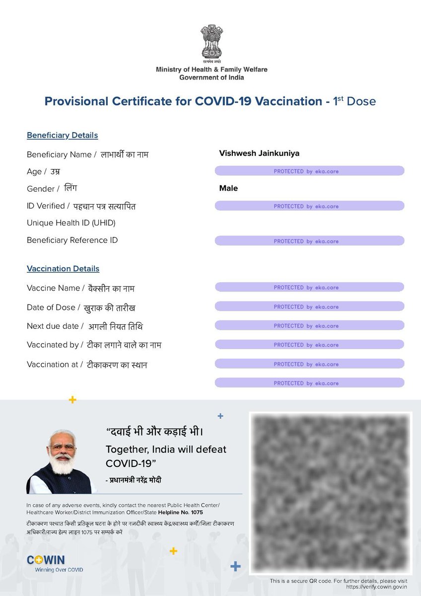 jainkuniya's tweet photo. Thanks @ekacareHQ for being my handy app for storing all medical records at one place. And allowing me to share masked certificate to ensure my #privacy

#ekaCares #vacination
#CoWIN 
Shared via eka care app https://t.co/d7xXQUxzDC