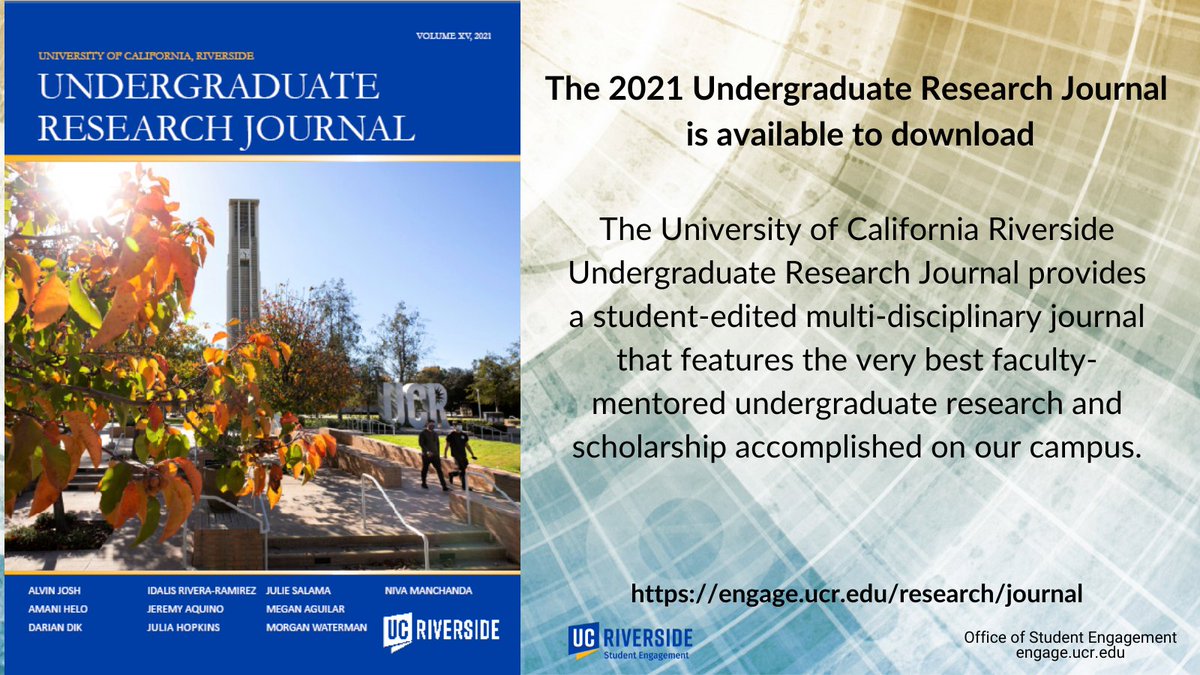 Download a copy of the 2021 UCR Undergraduate Research Journal at engage.ucr.edu/research/journ…. 10 UCR faculty-mentored student research projects are showcased this year.
#UCRresearch   #ucrstudentengagement