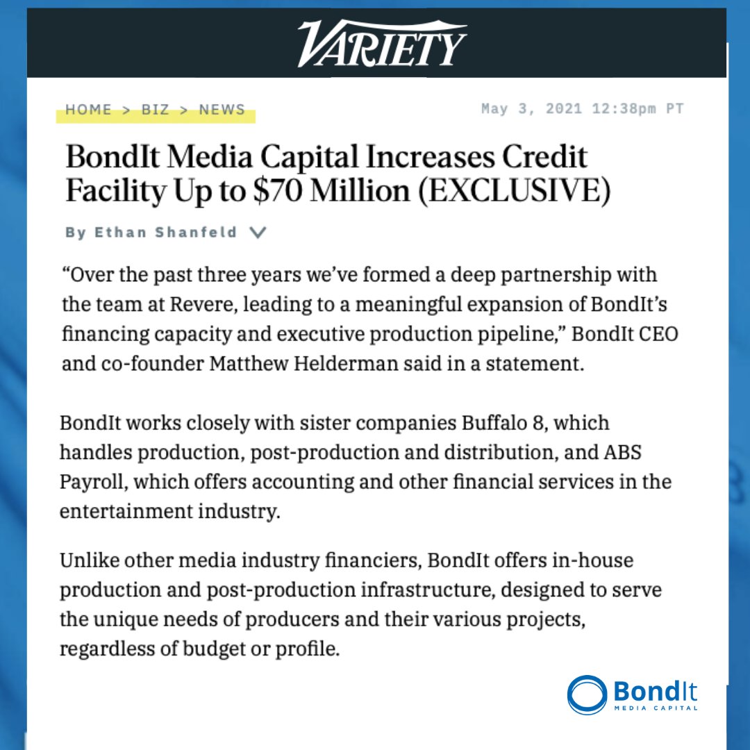 Buffalo8Pro's tweet photo. We’re so excited to announce BondIt Media Capital’s increase in credit facility now up to $70 Million. Thanks #Variety for the #Shoutout !

#BondItMediaCapital #BondIt #MediaFinancing #FilmFinance #CreditFacility #VarietyArticle #EntertainmentNews #Finance #MediaFunding https://t.co/NYTqf1211s