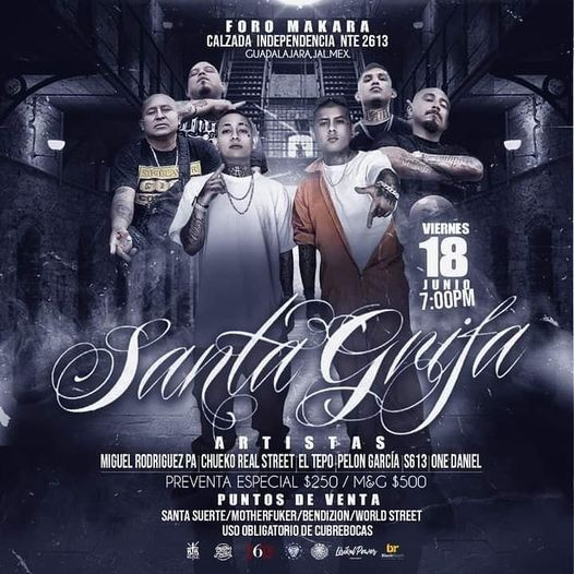 Desde Tamaulipas llega la Santa Grifa al Foro Makara en Guadalajara este viernes 18 de junio.

Preventa $250
M&amp;G $500

*Show para todas las edades