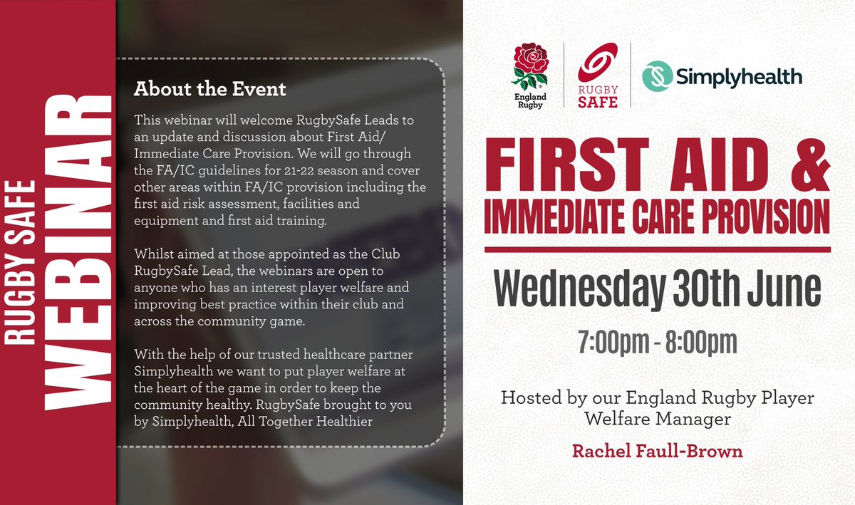 rfuswclubsup's tweet photo. 📣 WEBINAR ALERT 📣

This will include the new RFU guidelines recommend for pitch-side provision, equipment and facilities. We will also look at appropriate first aid qualifications and discuss what good practice looks like.

Sign up link (also in bio): https://t.co/u71zhcLyTa https://t.co/tWQ4MhB7Y7