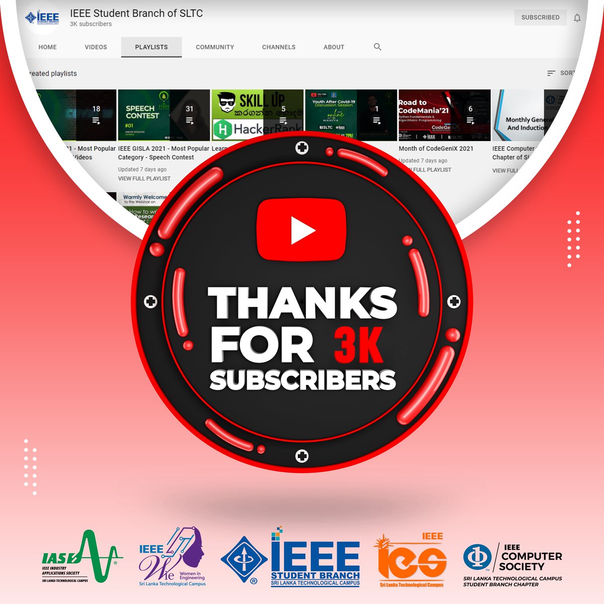 sltcieeeies's tweet photo. 𝐖𝐢𝐭𝐡𝐢𝐧 𝐚 𝐌𝐨𝐧𝐭𝐡,  The IEEE SB of SLTC was able to achieve a significant milestone of 𝟑𝟎𝟎𝟎 𝐘𝐨𝐮𝐓𝐮𝐛𝐞 𝐒𝐮𝐛𝐬𝐜𝐫𝐢𝐛𝐞𝐫𝐬. 

Subscribe us if still not 
https://t.co/43WNRYYrpj

Thank You for Your Heartiest Click 

#sltc #sltcieee #YouTube  #subscribers https://t.co/vWmLaOxNxb