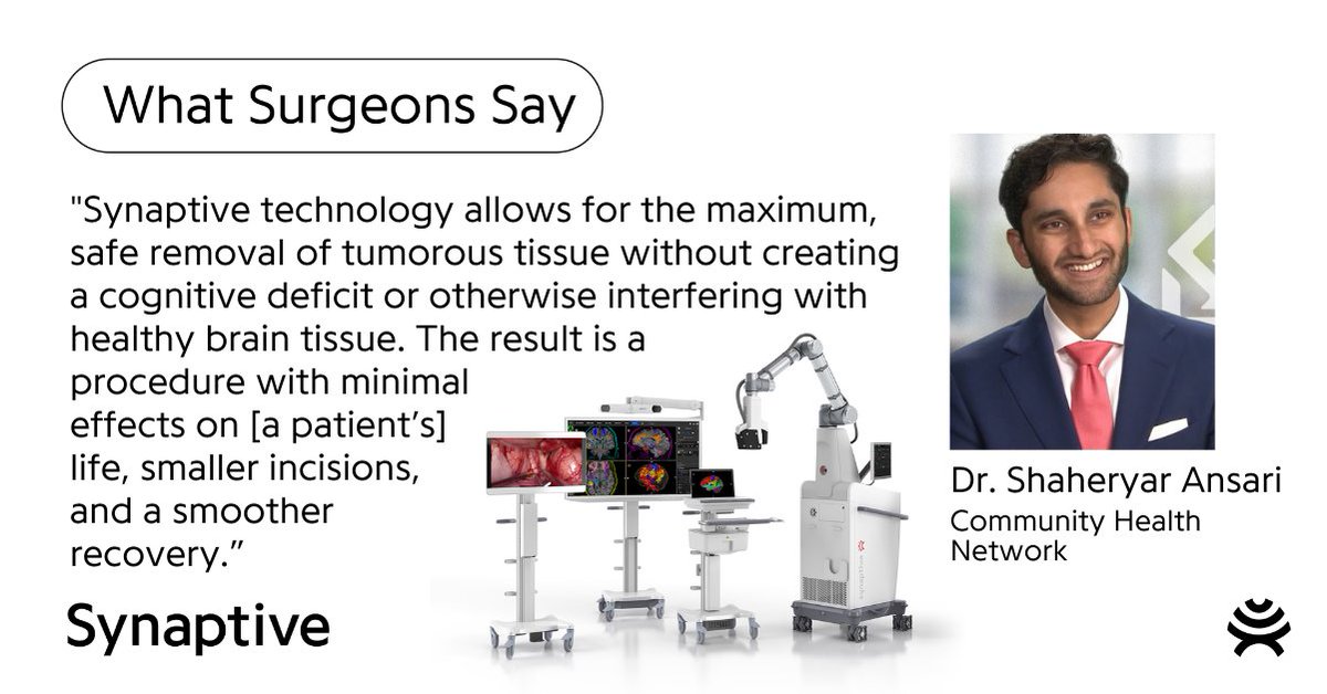 SynaptiveMed's tweet photo. See what Dr. Shaheryar Ansari from Community Health Network (@CHNw) says about his use of the Synaptive Surgical Suite during minimally invasive brain surgery.
#Neurosurgery #ModusV #ModusPlan #Robotics #Tractography https://t.co/0Hr3Xg7PYv