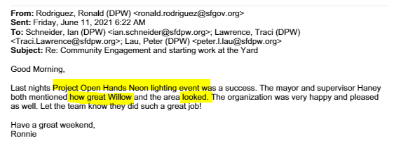 hdizz___'s tweet photo. Public records released today confirm that SF officials planned and executed a sweep of 40+ tents and their homeless residents on Willow St to make way for Mayor @LondonBreed's appearance at @ProjectOpenHand on June 10th. The Mayor praised the effort after the event. https://t.co/0j9bRLeWpi