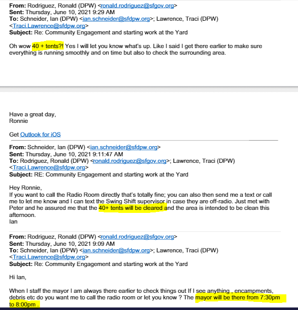 hdizz___'s tweet photo. Public records released today confirm that SF officials planned and executed a sweep of 40+ tents and their homeless residents on Willow St to make way for Mayor @LondonBreed's appearance at @ProjectOpenHand on June 10th. The Mayor praised the effort after the event. https://t.co/0j9bRLeWpi