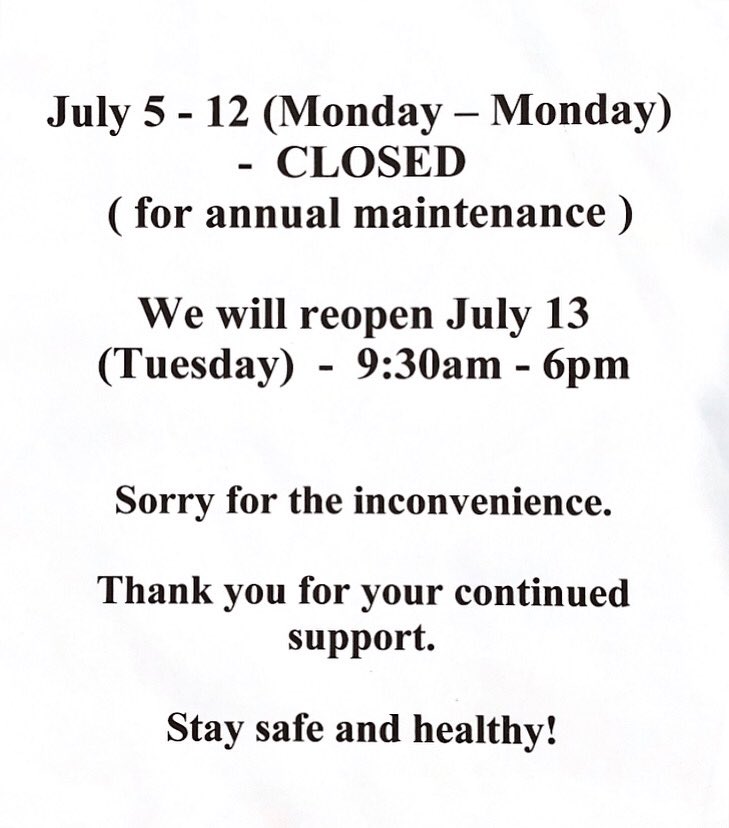 LaProvenceBaker's tweet photo. We will be closed from Monday, July 5th to Monday, July 12th for our annual routine maintenance. 
Our bakery will reopen on Tuesday, July 13th at our regular store hours.

Thank you for your cooperation and continued support! https://t.co/s9x0SRVIJM