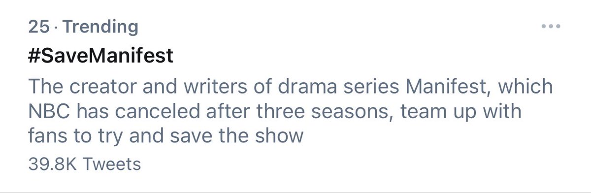 Manifesters keep doing your thing, we just made it to the trending list in the US again! <a href="/JoshDallas/">joshdallas</a> <a href="/melissaroxburgh/">Melissa Roxburgh</a> <a href="/nbc/">NBC Entertainment</a> <a href="/netflix/">Netflix</a> <a href="/hulu/">Hulu</a> <a href="/hbomax/">HBO Max</a> @peacockTV 

#SaveManifest