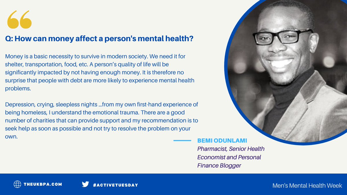 theUKBPA's tweet photo. We asked UKBPA member Bemi Odunlami @bemiuk for his opinion on 'how money can affect a person's mental health'. We are so thankful for Bemi's authentic response to such a difficult topic.
Follow us to keep up to date with our interview with Bemi
#MensHealthWeek #activetuesday https://t.co/IDxmafOZq3
