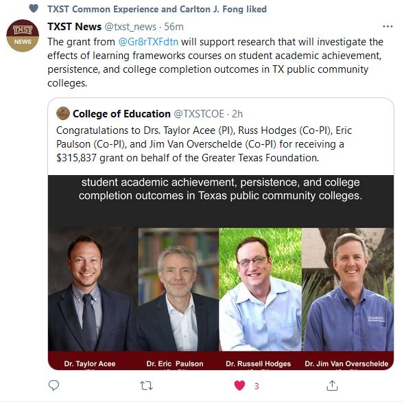 THRCtxst's tweet photo. BOOM! Congratulations to Drs. Taylor Acee (PI), Russ Hodges (Co-PI), Eric Paulson (Co-PI), and Jim Van Overschelde (Co-PI) for receiving a $315,837 grant on behalf of the Greater Texas Foundation. @Gr8rTXFdtn #txst_THR #ResearchWith Relevance https://t.co/iNWdyBRXzg