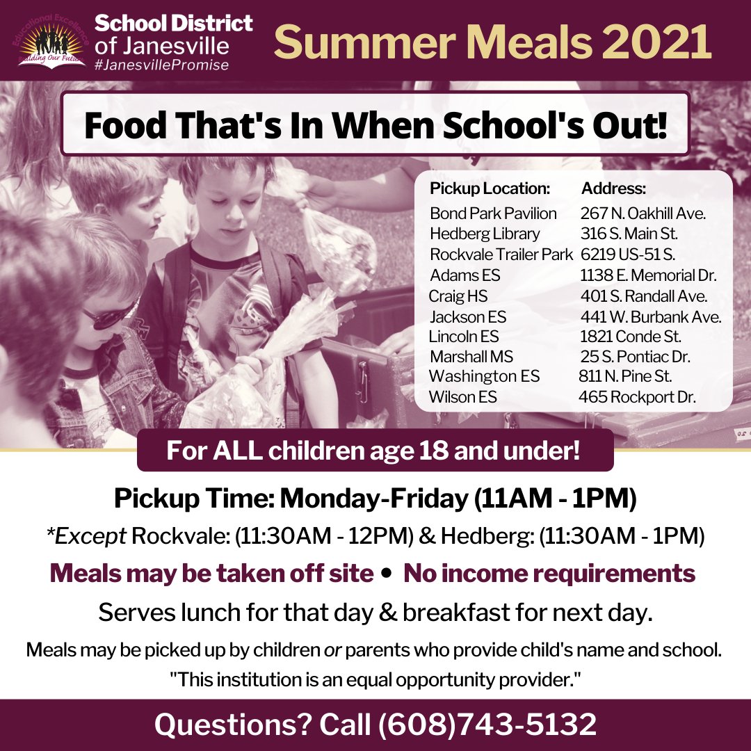 SDJanesville's tweet photo. SDJ Summer Meal Program 2021-
Join us! Meals will be provided all summer until Aug 17. No meals will be served on July 5.
No income requirements! All children, age 18 and under, are invited to come and eat!
Questions? Call (608)743-5132
#JanesvillePromise #SummerMealProgram https://t.co/Ezia7EkeRX