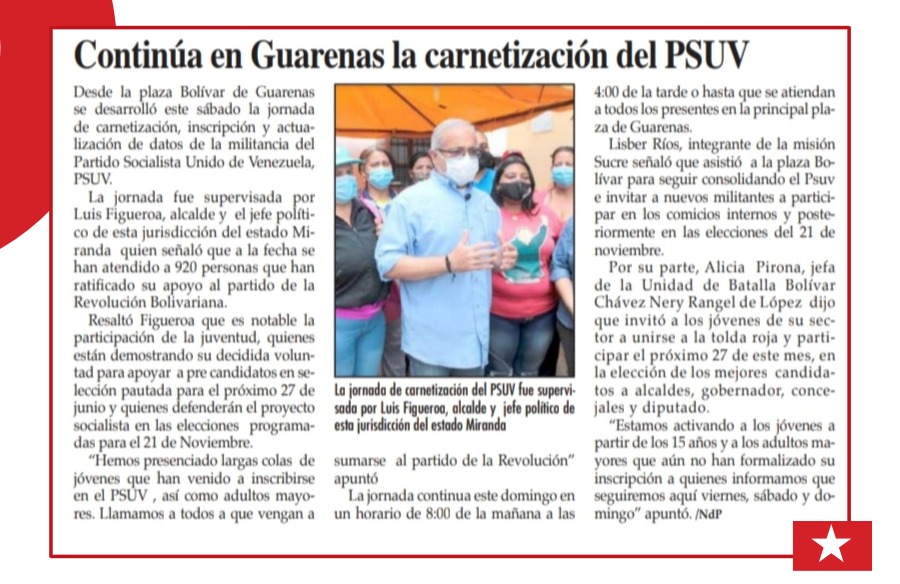 #LaNoticia 📰 Continúa en Guarenas la carnetización del PSUV.

#RutaBicentenariaCarabobo #GuarenasCombativa 

@luiscarPSUV @HectoRodriguez @NicolasMaduro @AbuelaTuna @betzasofialuc @dcabellor @PsuvMirandaVE @PartidoPSUV @avalgh1