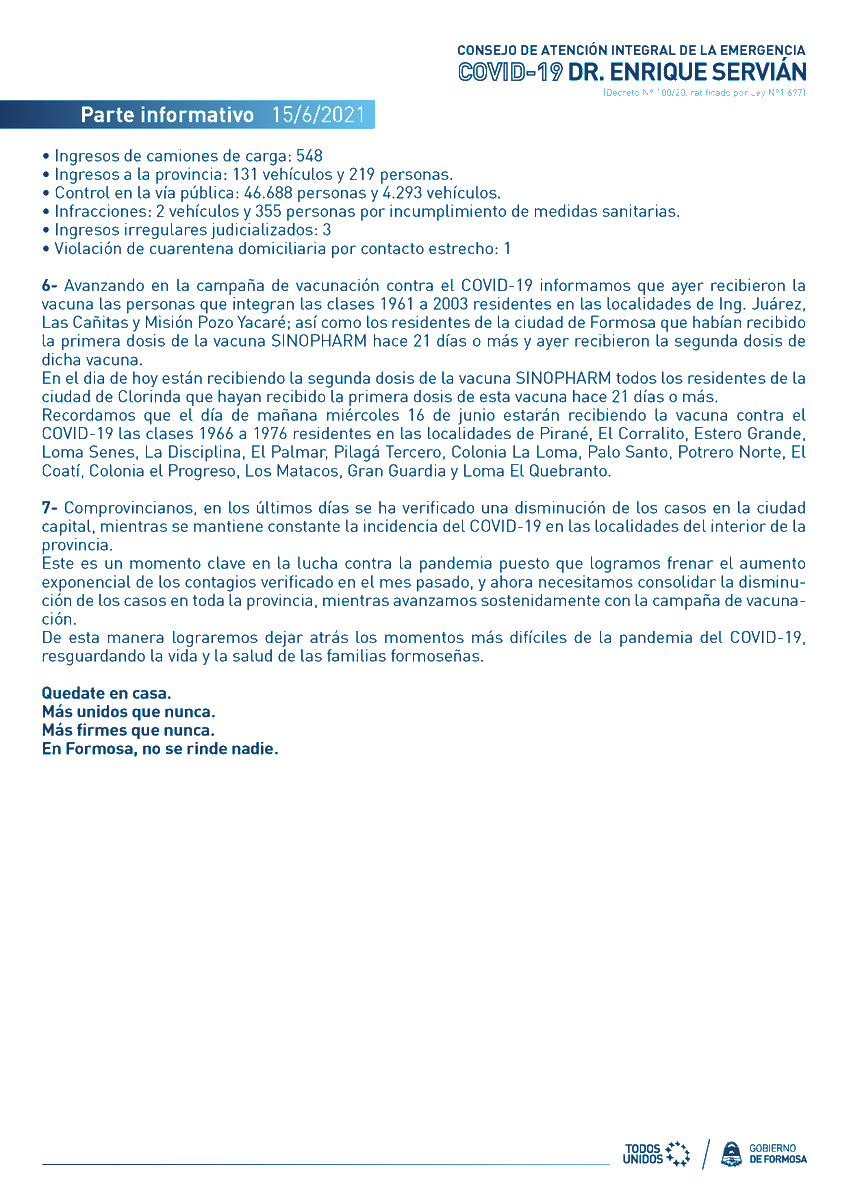 GobiernoFormosa's tweet photo. PARTE INFORMATIVO | MARTES 15/6/2021

CONSEJO DE ATENCIÓN INTEGRAL DE LA EMERGENCIA #COVID19 "DR. ENRIQUE SERVIÁN"

#TodosUnidos #Formos https://t.co/d1UFy8XA87