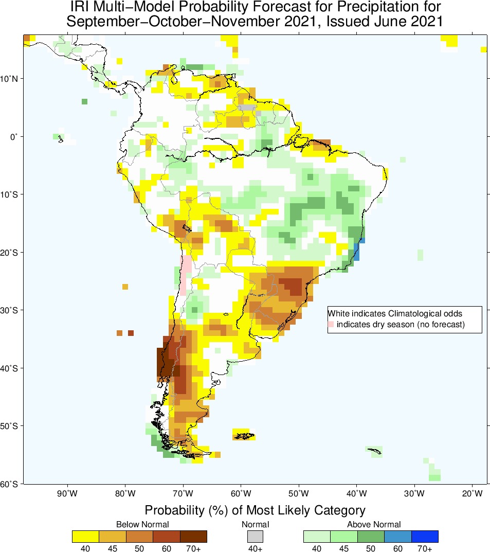 Instituto de Investigación del Clima de la Universidad de Columbia proyecta trimestre julio-setiembre sin sesgo de lluvias y mayor probabilidad de precipitaciones por debajo del promedio para los siguientes trimestres móviles.