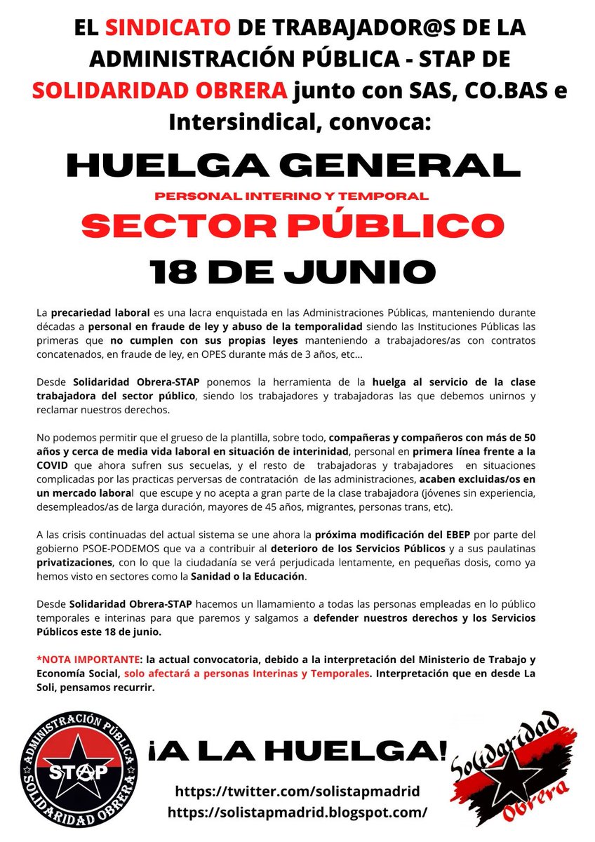 ¡Huelga General del Personal Interino y Temporal en todas las Administraciones y Organismos Públicos!

El 18 de Junio, si eres parte de las 800.000 personas en abuso de la temporalidad: HAZ HUELGA

Si eres interinx o temporal, y llevas poco en el Empleo Público: HAZ HUELGA

#18J