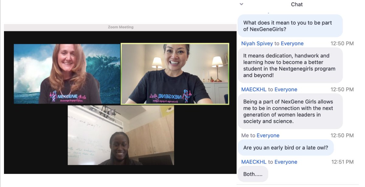 Here is a sneak peak of our virtual internships! NexGeneGirl Niyah is getting to know her mentor Heather from Abbvie. Their research will focus on the genetic engineering of immune cells to target and kill tumors. They just found out that they are both early birds and night owls!