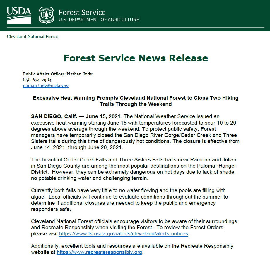 ClevelandNF's tweet photo. Forest managers have temporarily closed the San Diego River Gorge/Cedar Creek and Three Sisters trails during this time of dangerously hot conditions. View full news release at https://t.co/DJfXWYqD3T https://t.co/MSUAdK3Nbz