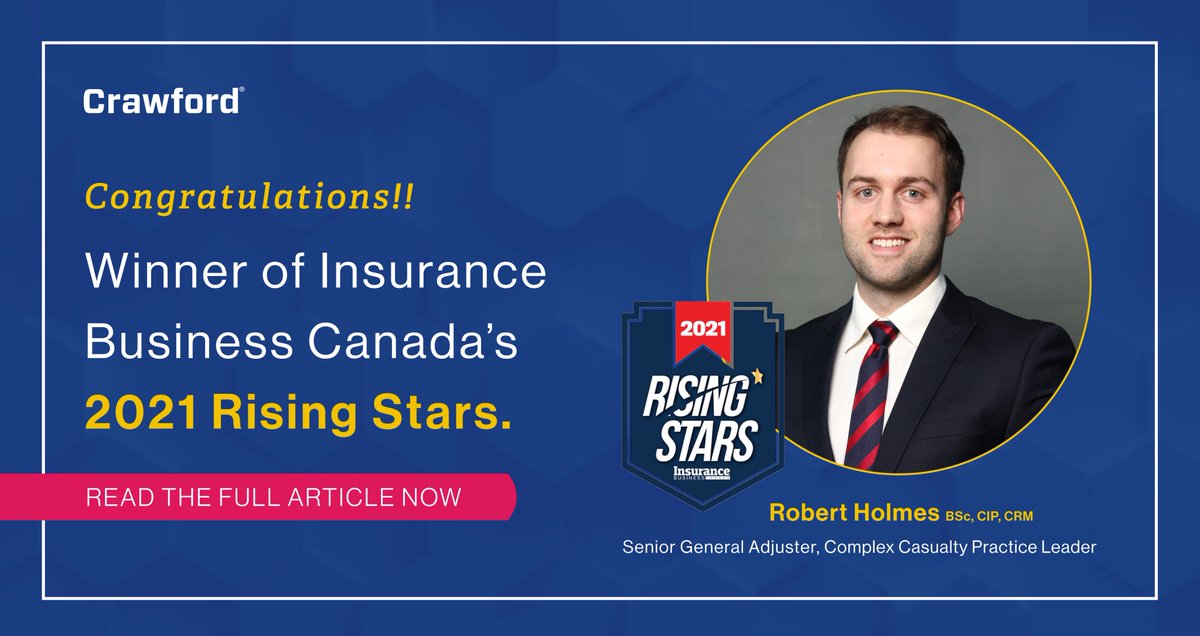 Crawford_Canada's tweet photo. Crawford is excited to announce that our very own Robert Holmes has been recognized as one of 
@InsuranceBizCA's Rising Stars! 

Read the full article here: 
https://t.co/B26twoG9GL 

#InsuranceBusiness #2021RisingStars https://t.co/2skRcrbwvI