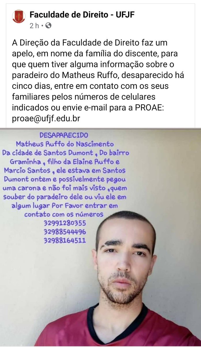 marciocfaria's tweet image. Quem puder, ajude! 

Temos um discente da #facdir #direitoufjf desaparecido!