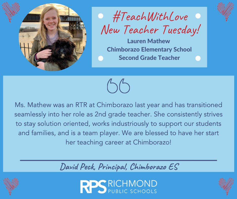 📣 #TeachWithLove Tuesday New Teacher Spotlight 📣 Meet Ms. Lauren Mathew, 2nd grade teacher at @ChimborazoES.  #WeAreRPS