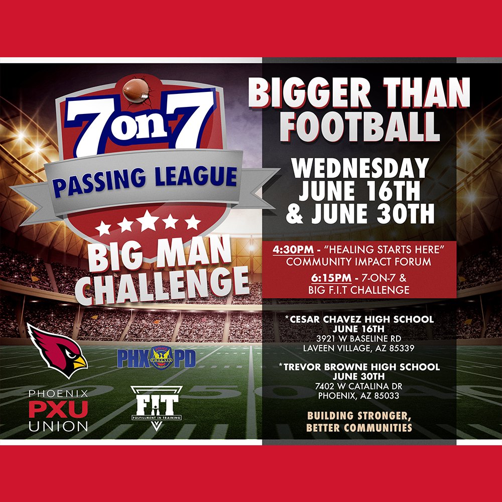 The first of two Bigger Than Football events will be happening tomorrow, June 16 at <a href="/CChsChampions/">Cesar Chavez</a>! Phoenix Union, <a href="/WIN_WITH_FIT/">Fulfillment In Training</a> 💪, <a href="/AZCardinals/">Arizona Cardinals</a> 🏈, and <a href="/PhoenixPolice/">Phoenix Police</a> 🚔 have partnered for a 7-on-7/Big Man/Big F.I.T Challenge. We hope to see you there beginning at 5:30pm 🏋️!