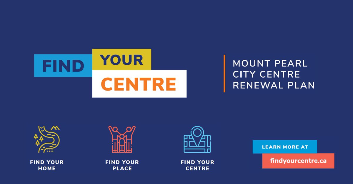 Mount_Pearl's tweet photo. We are excited to launch the Find Your Centre City Centre Renewal Plan! 

Remember when we asked you to share your hopes and dreams for your future City Centre? We listened. 

We took your ideas and turned them into a 25 to 30-year plan to renew the heart of our city. 

(1/3) https://t.co/5gFqR05T74