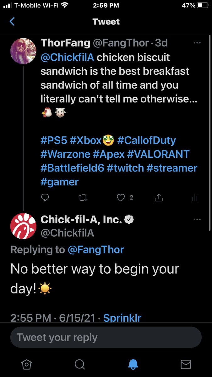 ThorFang's tweet photo. 🌟@ChickfilA agreed with me🌟
They’re my new official stream sponsor I will now be eating Chick-Fl-A chicken sandwiches on stream every stream Morning🐮🐔🐮🐔🐮
#PS5 #Xbox #CallofDuty #Warzone #Apex #Valorant #Fortnite #Battlefield #twitchstreamer #twitchstreamer #Chickfla🐔 https://t.co/U5decxUZ2m