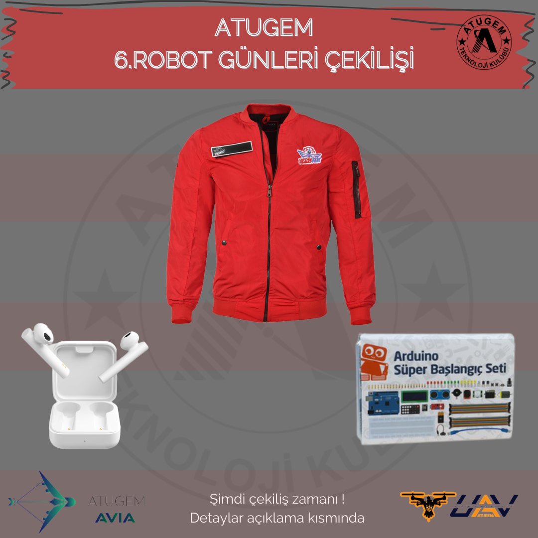 atugemkulup's tweet photo. ÇEKİLİŞ VAR 🎉 
1️⃣.Kişiye Teknofest Montu
2️⃣.Kişiye Xiaomi Bluetooth Kulaklık
3️⃣.Kişiye Arduino Süper Başlangıç Seti
Instagram (https://t.co/Ox7W6SXfD7) hesabımızdan detaylı bilgiye ulaşabilirsiniz
@rektorcomakli @atauni1957 
#erzurum #atauni #robotikkodlama #çekiliş #mühendislik https://t.co/RCxVBzqQsH