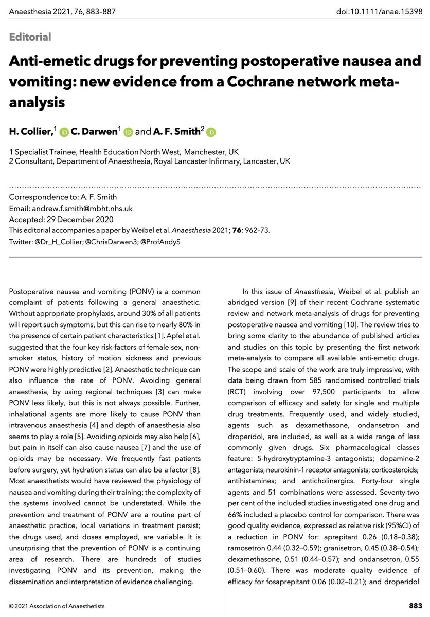 🔐Anti-emetic drugs for preventing postoperative nausea and vomiting: new evidence from a Cochrane network meta-analysis.

This new paper from @Dr_H_Collier, @ChrisDarwen3 and @ProfAndyS is now #FreeForAWeek!

🔗…-publications.onlinelibrary.wiley.com/doi/10.1111/an…