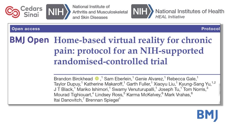 Thrilled to announce we published the protocol paper today for our <a href="/NIH_NIAMS/">NIAMS</a> trial of #VR for lower back pain. The study remains ongoing and final results are pending, but the full protocol is now avail in <a href="/BMJ_Open/">BMJ_Open</a> as a model for conducting VR RCT. Link: bmjopen.bmj.com/content/11/6/e…