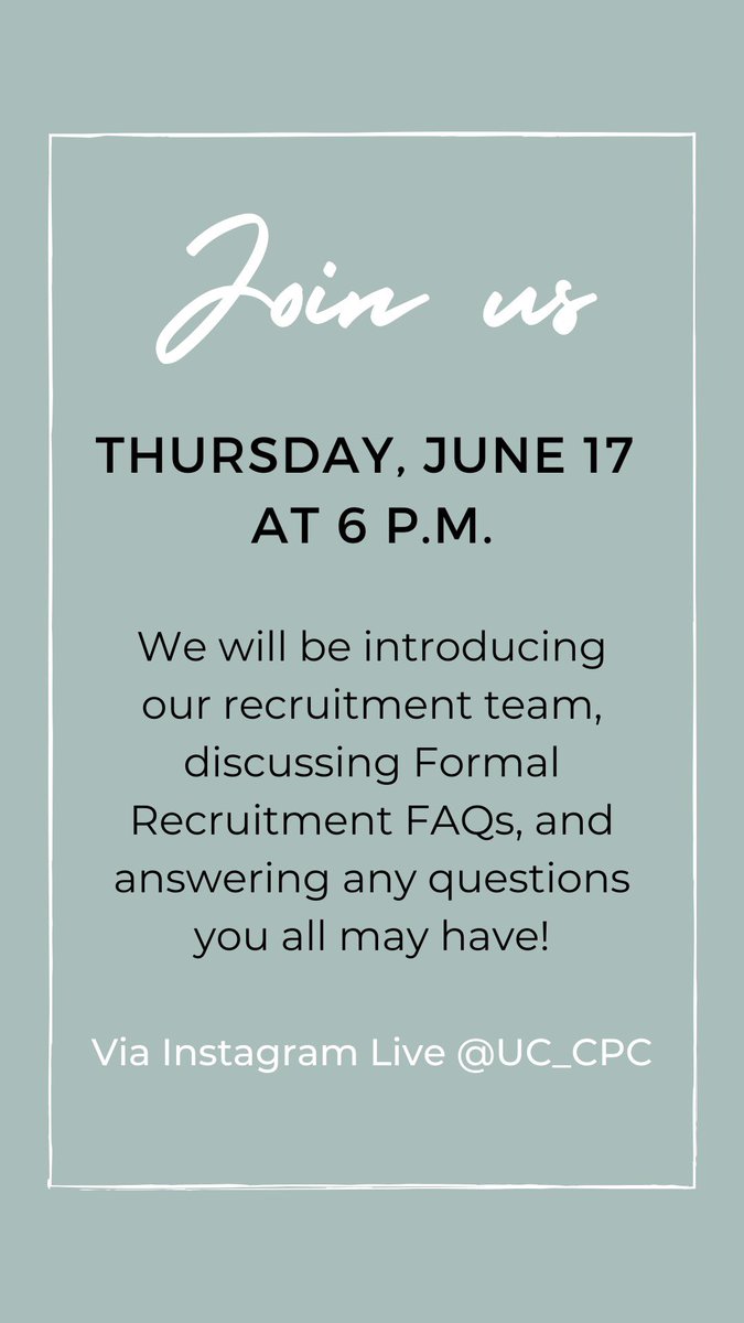 Join us on Thursday, June 17 at 6 p.m. to meet our recruitment team and discuss Formal Recruitment FAQs! This event will be held on Instagram Live — hope to see you all there! 🥰 #GrowWithPanhellenic 🌿