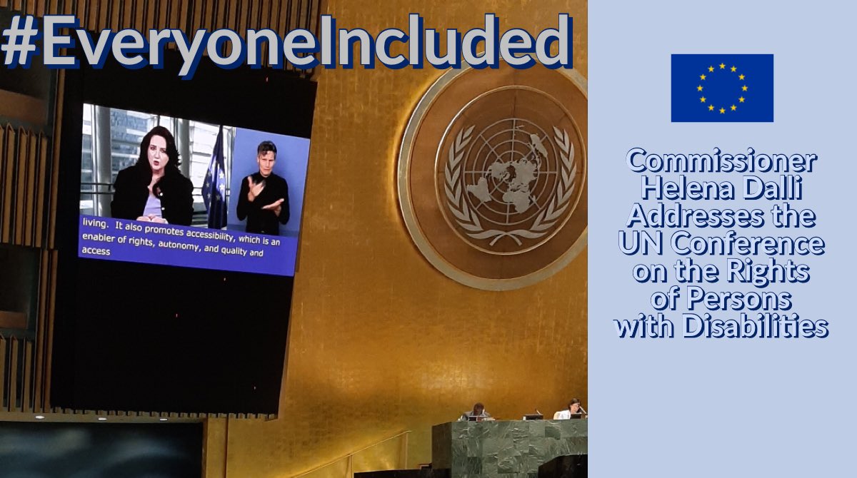 EUatUN's tweet photo. “The EU will continue to uphold the rights of persons with disabilities globally. It will support their inclusion in its external action, development cooperation and humanitarian aid.”

~🇪🇺Commissioner @helenadalli at #COSP14 #EveryoneIncluded 

Remarks ➡️ https://t.co/JNkPtiU7bY https://t.co/0WYUu0qYOS