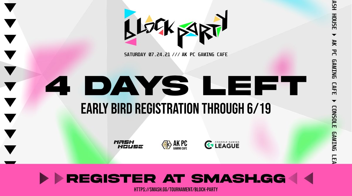 Early Registration ends this week! Have you gotten in yet? 

///Current pots///
MK11: $1050
SFV: $500
Guilty Gear Strive: $300
Tekken 7: $300

Register here:
smash.gg/tournament/blo…
#BlockPartyFGC